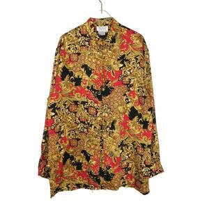 Tess Vintage Blouse Gold Black and Red Regal Button Down Blouse Large Gaudy Glam
